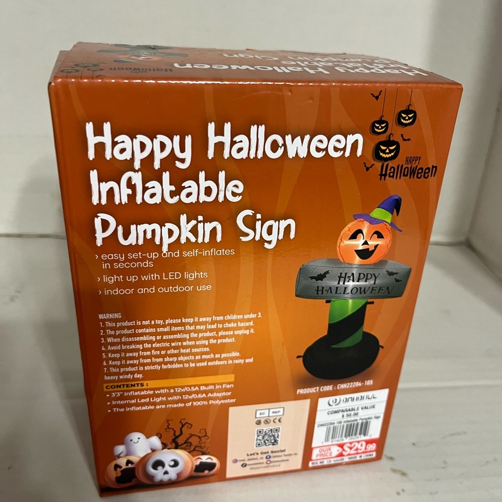 Inflatable Pumpkin Halloween Sign 3.3 Feet Light Up Light Indoor/Outdoor